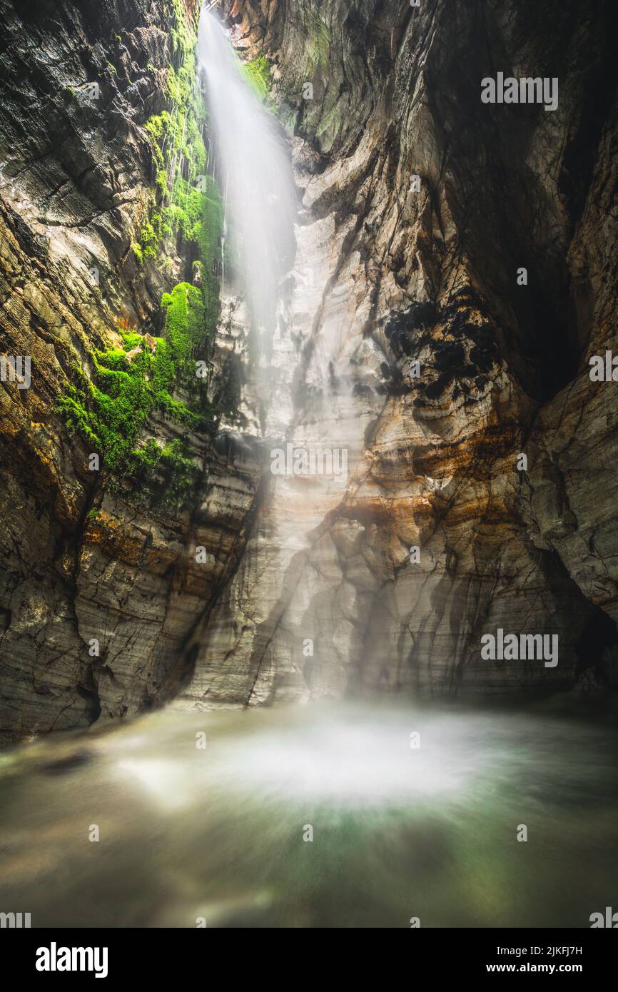 Waterfall in Trollkirka  - The Troll Church cave in Norway Stock Photo