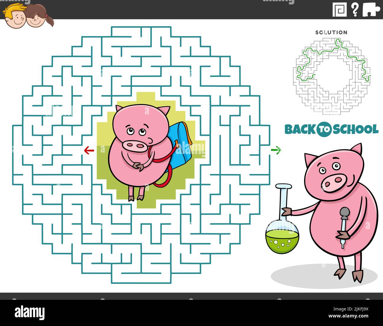 Cartoon illustration of educational maze puzzle game for children with ...
