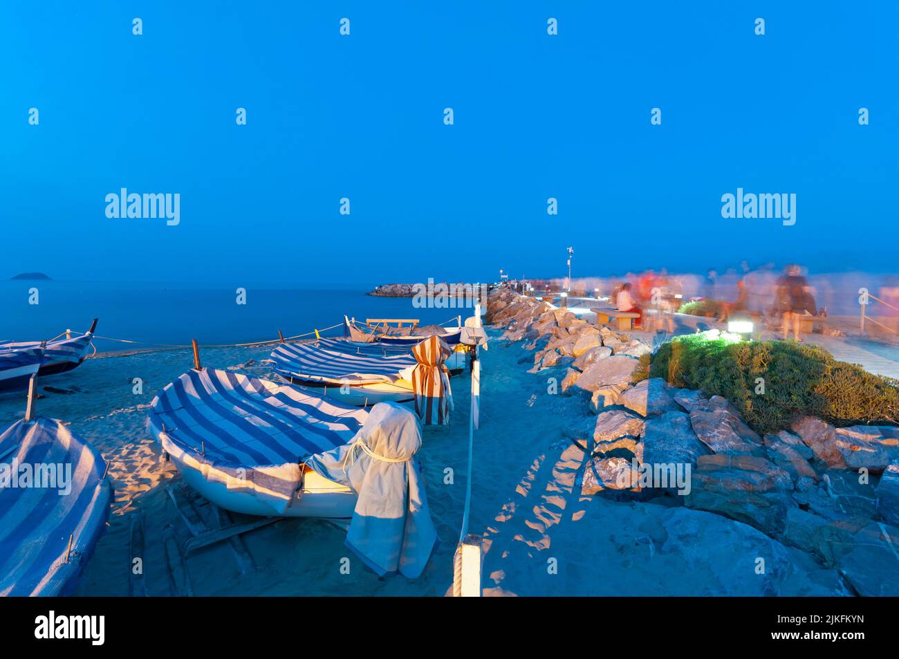 Italy, Liguria, Laigueglia, Fishing Boats on the Beach Stock Photo