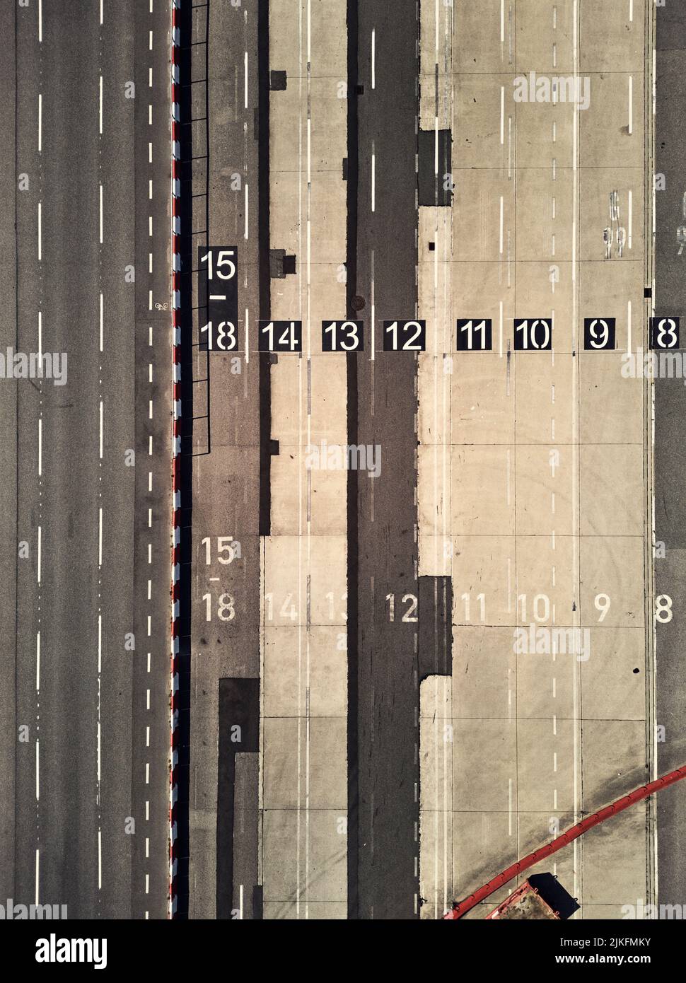 A vertical aerial view of Rostock harbor ground with markings Stock