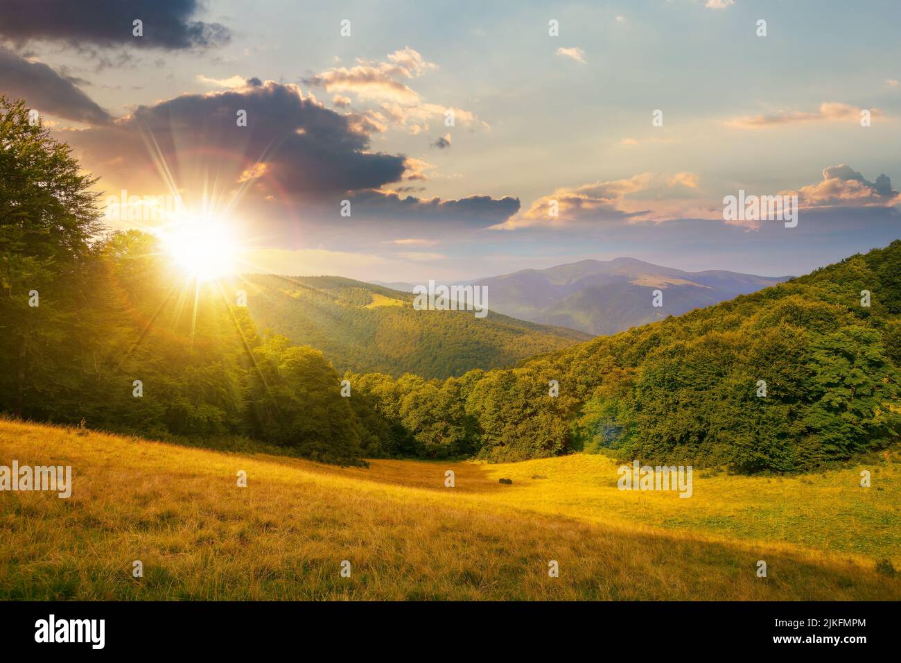 green pasture on the hillside at sunset. forested mountains in the distance in evening light. beautiful countryside landscape of transcarpathia in sum Stock Photo