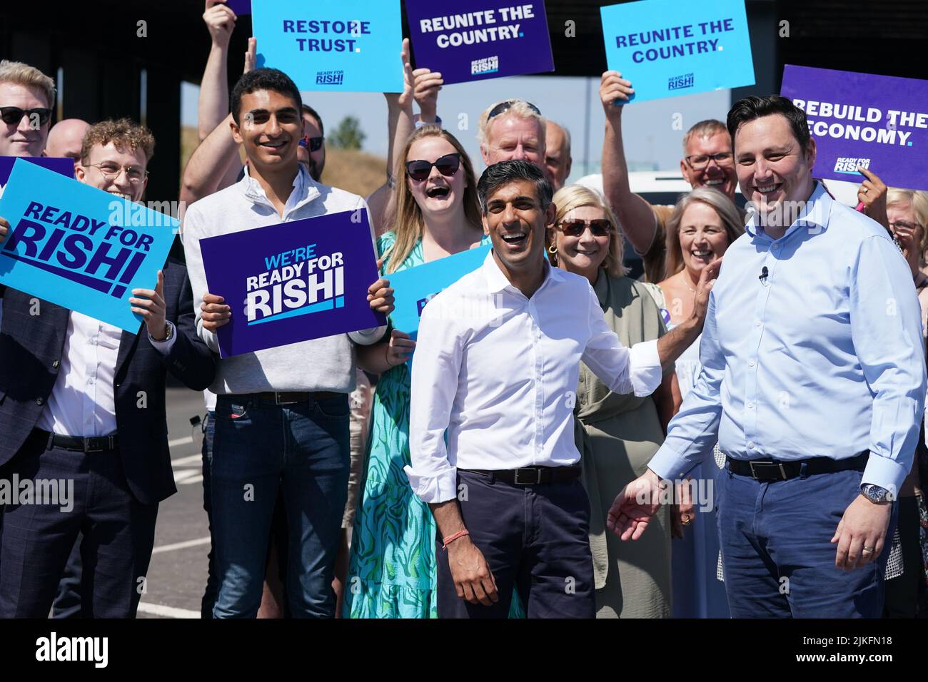File photo dated 16/07/22 of Rishi Sunak (centre) with Tees Valley Mayor, Ben Houchen and supporters during a visit to Teesside Freeport, Teesworks, in Redcar, Teeside. Mr Houchen has said he is 'speechless' at Liz Truss' plan to cut public sector pay in less expensive parts of the country. The Foreign Secretary set out plans to end national pay deals, meaning that wages could be cut in areas where the cost of living is lower. Mr Houchen, who is supporting Rishi Sunak's leadership bid, said the plan would undo some of the 'levelling up' work to boost regions such as Teesside. Issue date: Tuesd Stock Photo