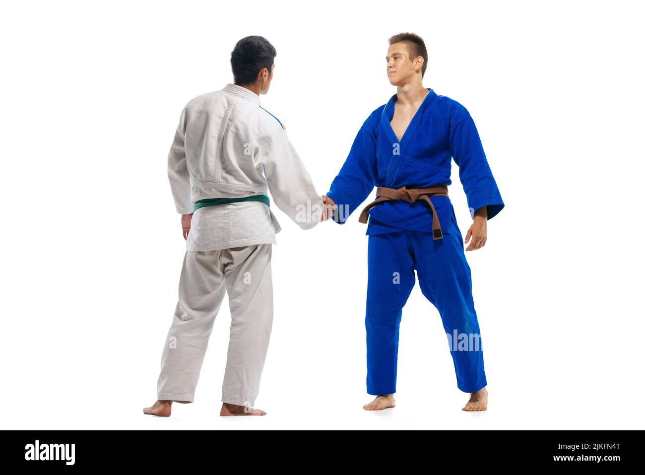 Portrait of two young men, martial arts sportsmen greeting each other