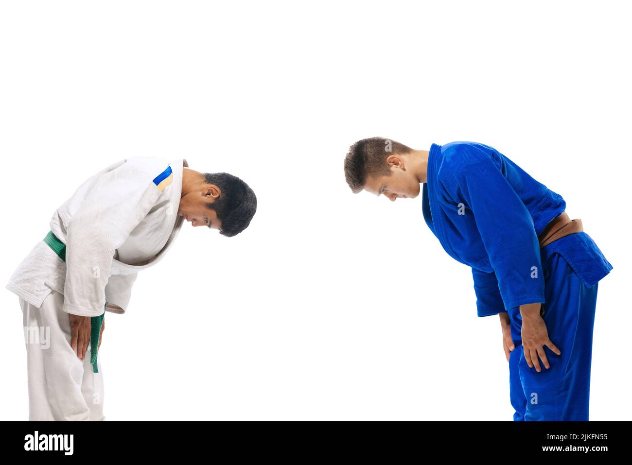 Portrait of two young men, martial arts sportsmen greeting, bowing
