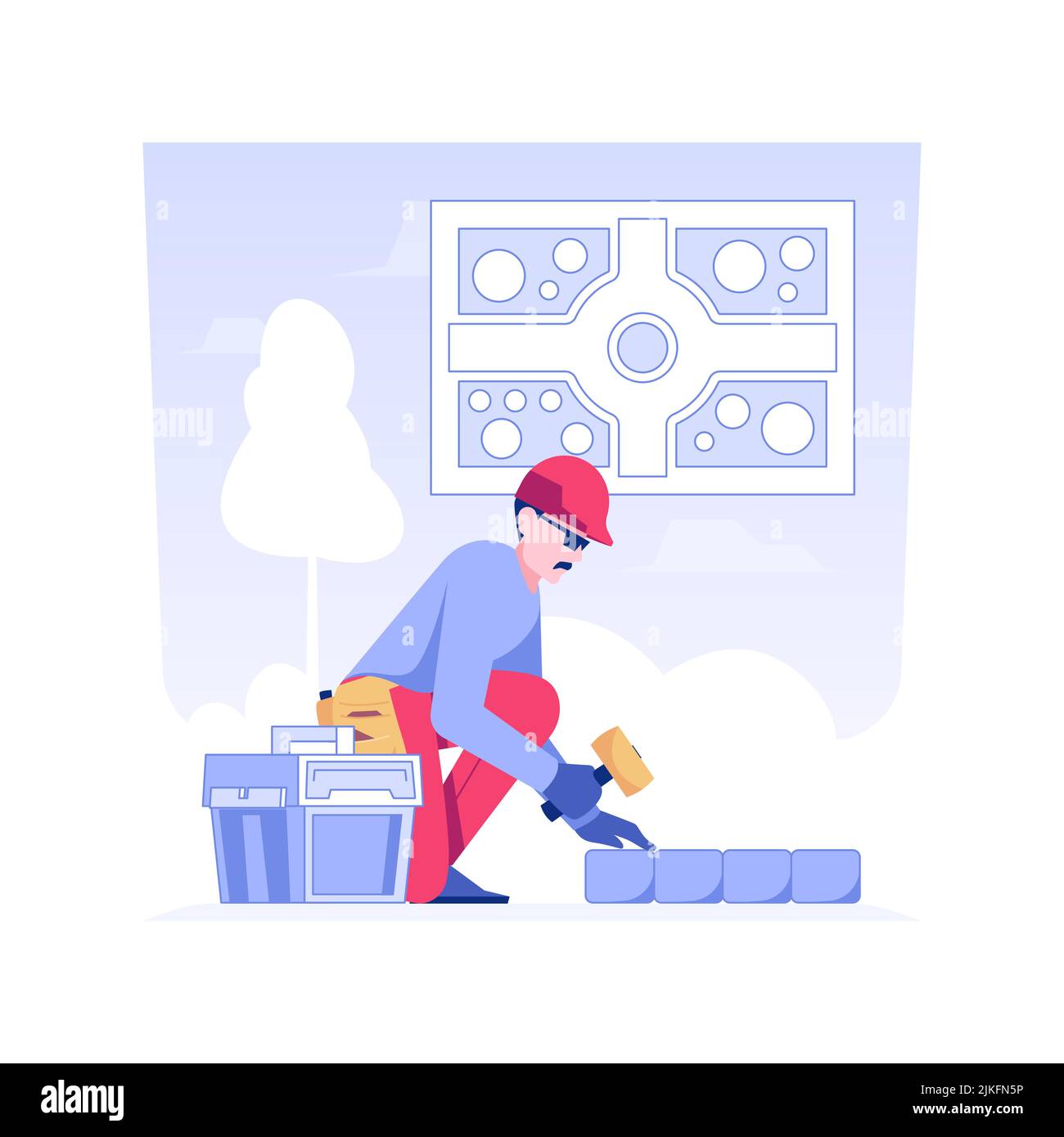 Laying paving isolated concept vector illustration. Contractor deals with garden sidewalks paving, landscaping, territory improvement, laying footpath, bricklayers job vector concept. Stock Vector