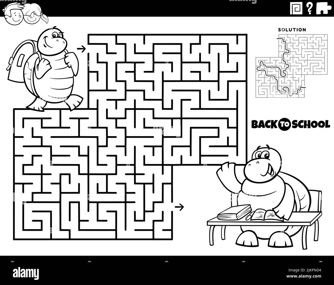 Black and white cartoon illustration of educational maze puzzle game for children with turtle pupil going to school coloring page Stock Vector