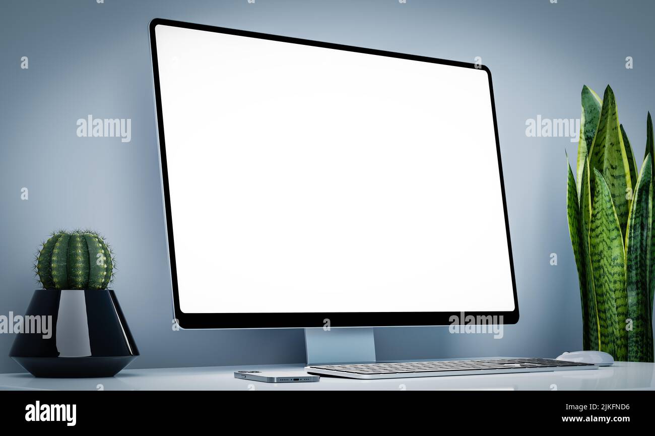 Computer all-in-one with a blank screen front in minimalistic blank ...