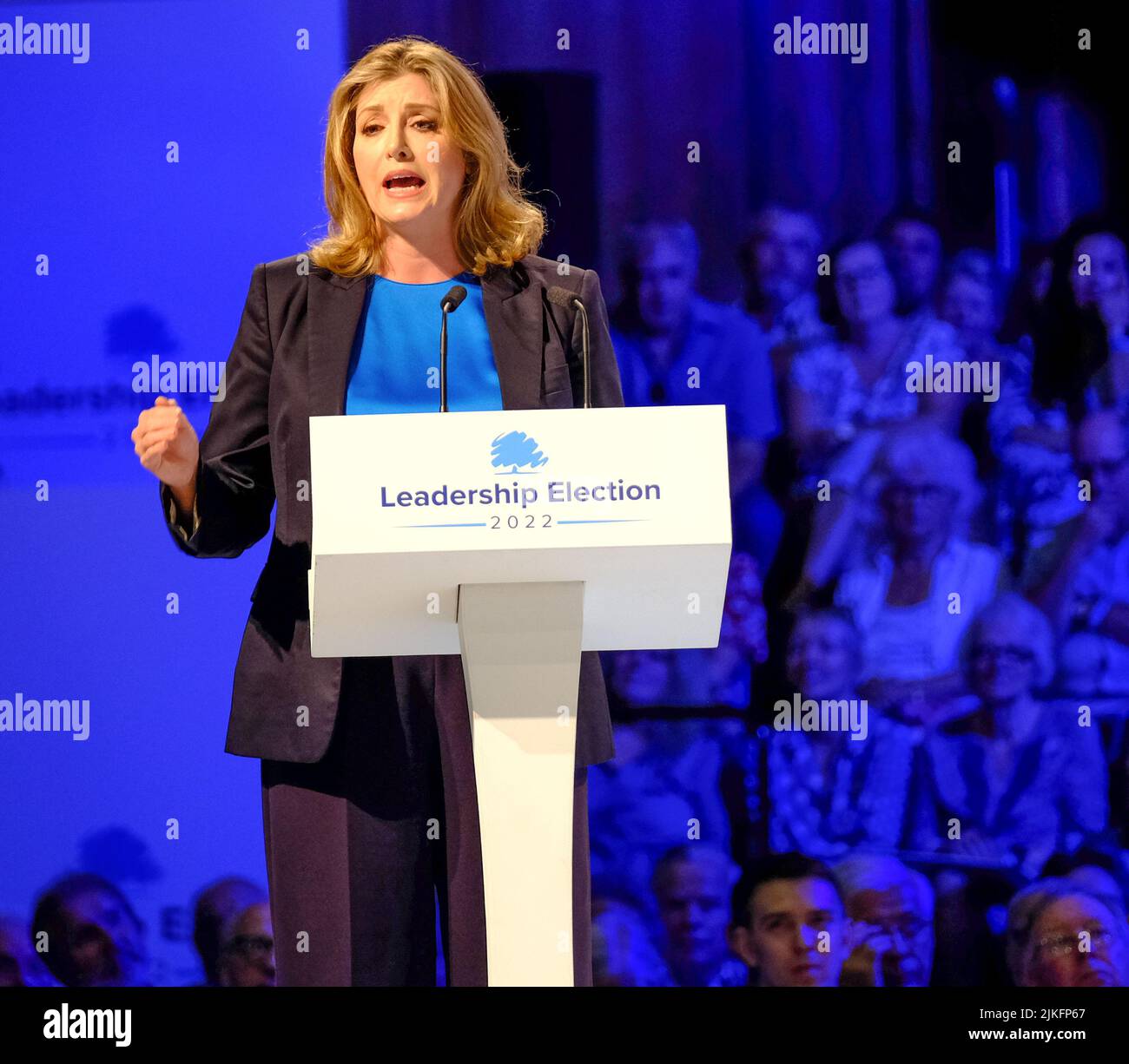 Exeter Devon UK. 01/08/2022, 2nd Conservative Party Hustings. Tory members gathered in the Great Hall at Exeter University.Penny Mordaunt speaking in support of Liz Truss for PM. Credit: charlie bryan/Alamy Live News Stock Photo