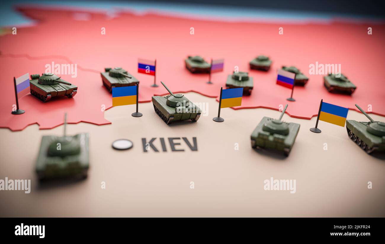 Escalation of the conflict on the border of Ukraine with Russia - concept of a 3d map with tanks deployed on both sides of the conflict - 3D render Stock Photo
