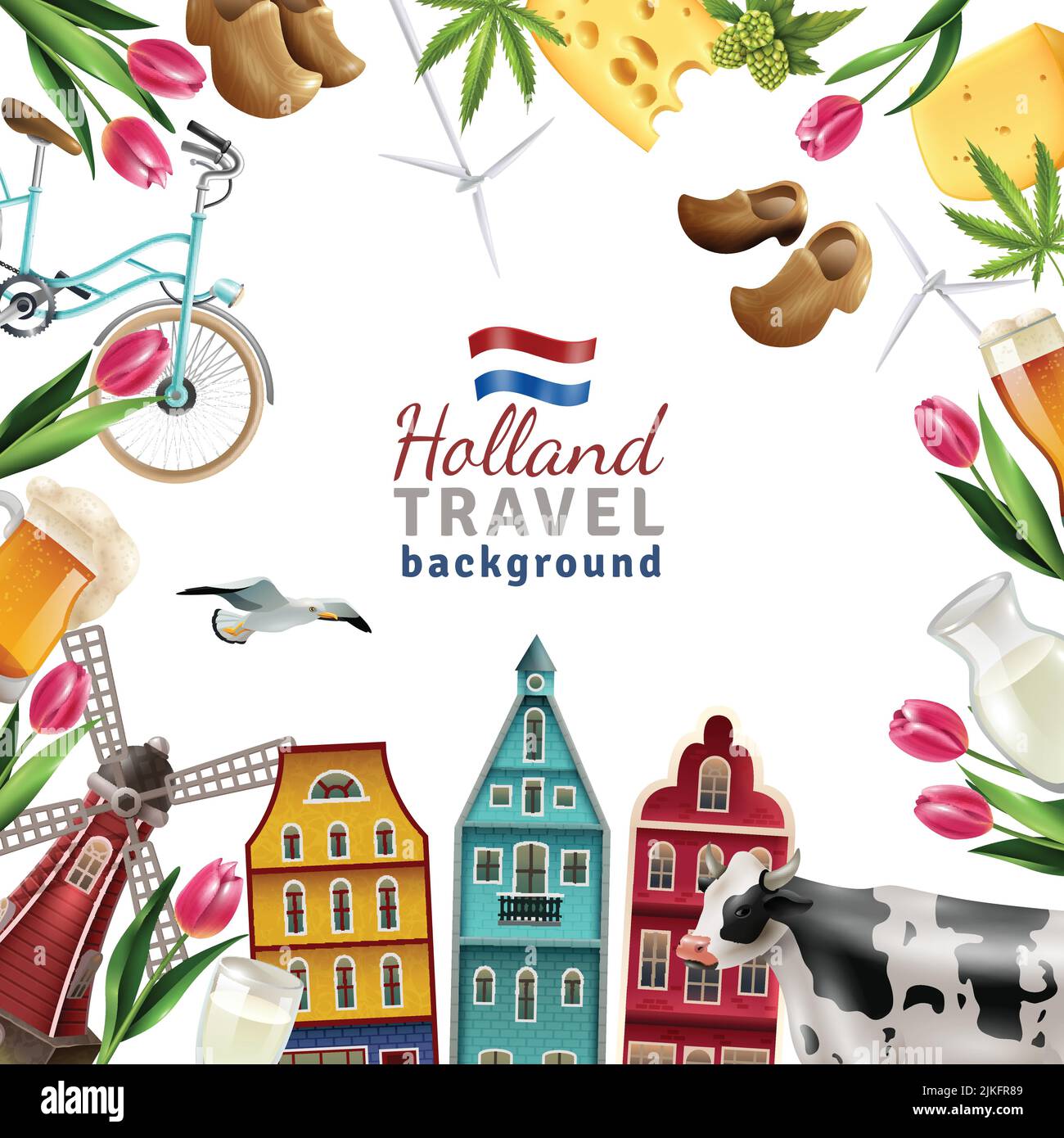 Holland travel cultural and sightseeing  symbols frame background poster with tulips wooden clogs and windmills vector illustration Stock Vector