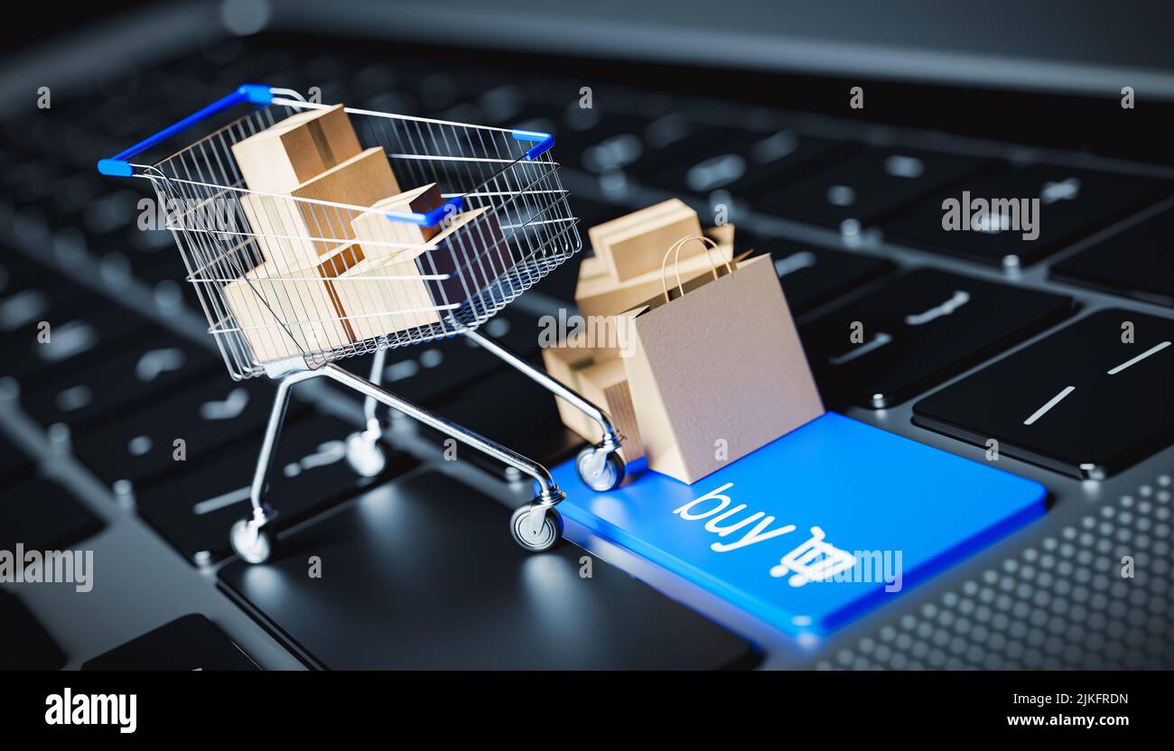 A shopping cart filled with items stands on a laptop keyboard with a buy button. internet shopping concept - 3D render Stock Photo