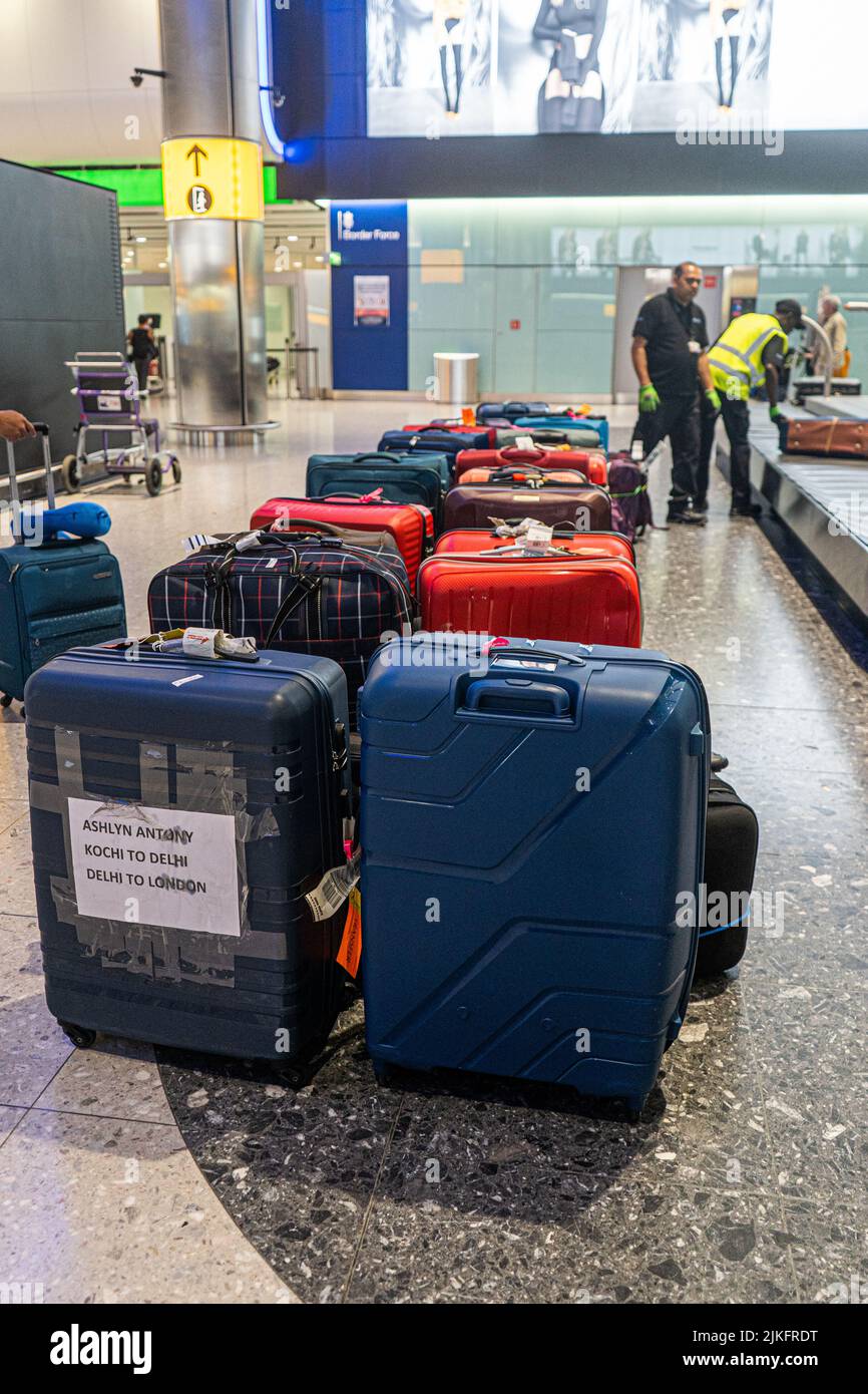 Heathrow , London, UK 2 August 2022. Uncollected luggage at Heathrwo