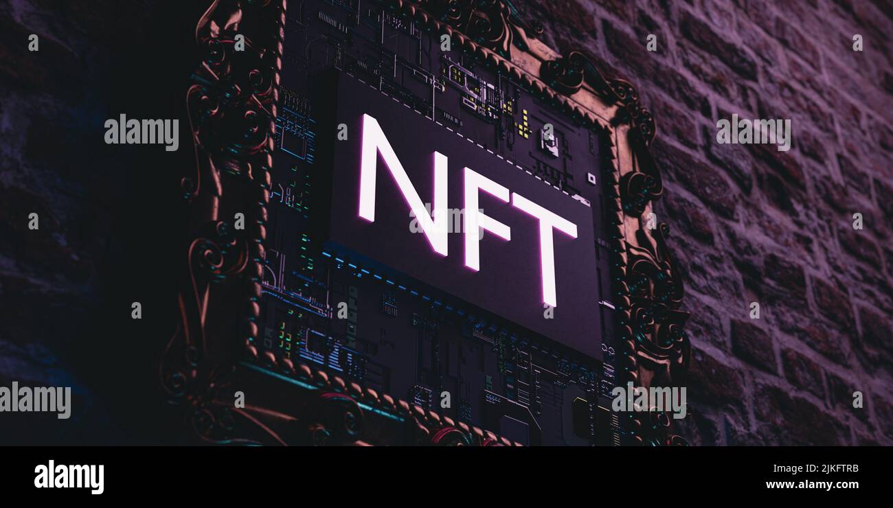 NFT Non-fungible Token. Vintage golden picture frame concept. Electronic art - neon electric circuit concept style 3d illustration background Stock Photo