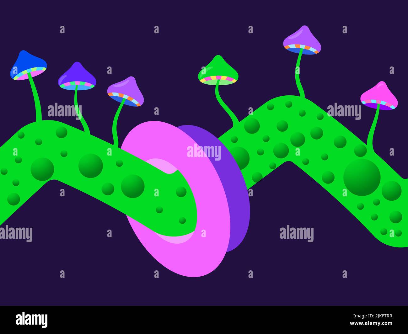 Rave psychedelic, acid trip. Fluid flow with mushrooms. Hallucinatory fluid. Psychedelic background with mushrooms. Design for posters, banners and pr Stock Vector
