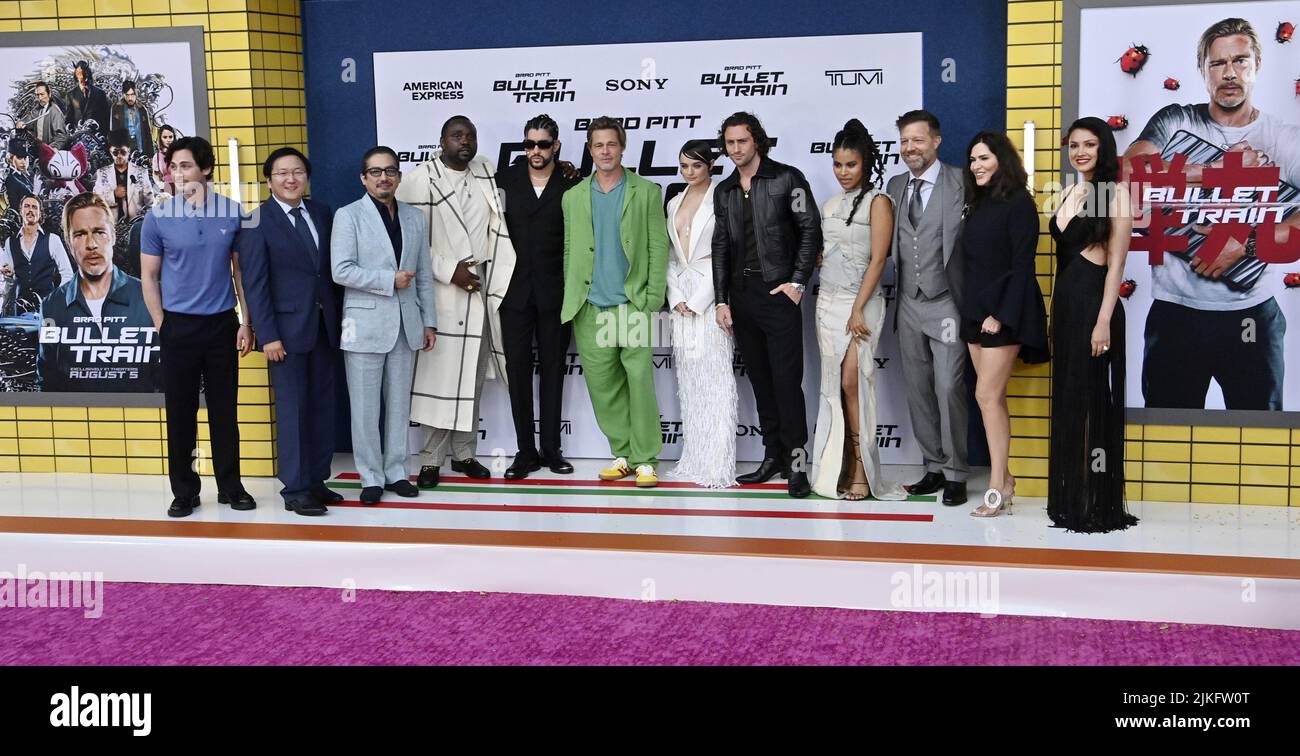 Los Angeles, United States. 02nd Aug, 2022. Cast members Logan Lerman, Masi Oka, Hiroyuki Sanada, Brian Tyree Henry, Bad Bunny, Brad Pitt, Joey King, Aaron Taylor-Johnson, Zazie Beetz, David Leitch, Kelly McCormick and Andrea Mu-oz (L-R) gather for a photo-op during the premiere of the motion picture thriller "Bullet Train" at the Regency Village Theatre in the Westwood section of Los Angeles on Monday, August 1, 2022. Storyline: Five assassins aboard a fast moving bullet train find out their missions have something in common. Photo by Jim Ruymen/UPI Credit: UPI/Alamy Live News Stock Photo