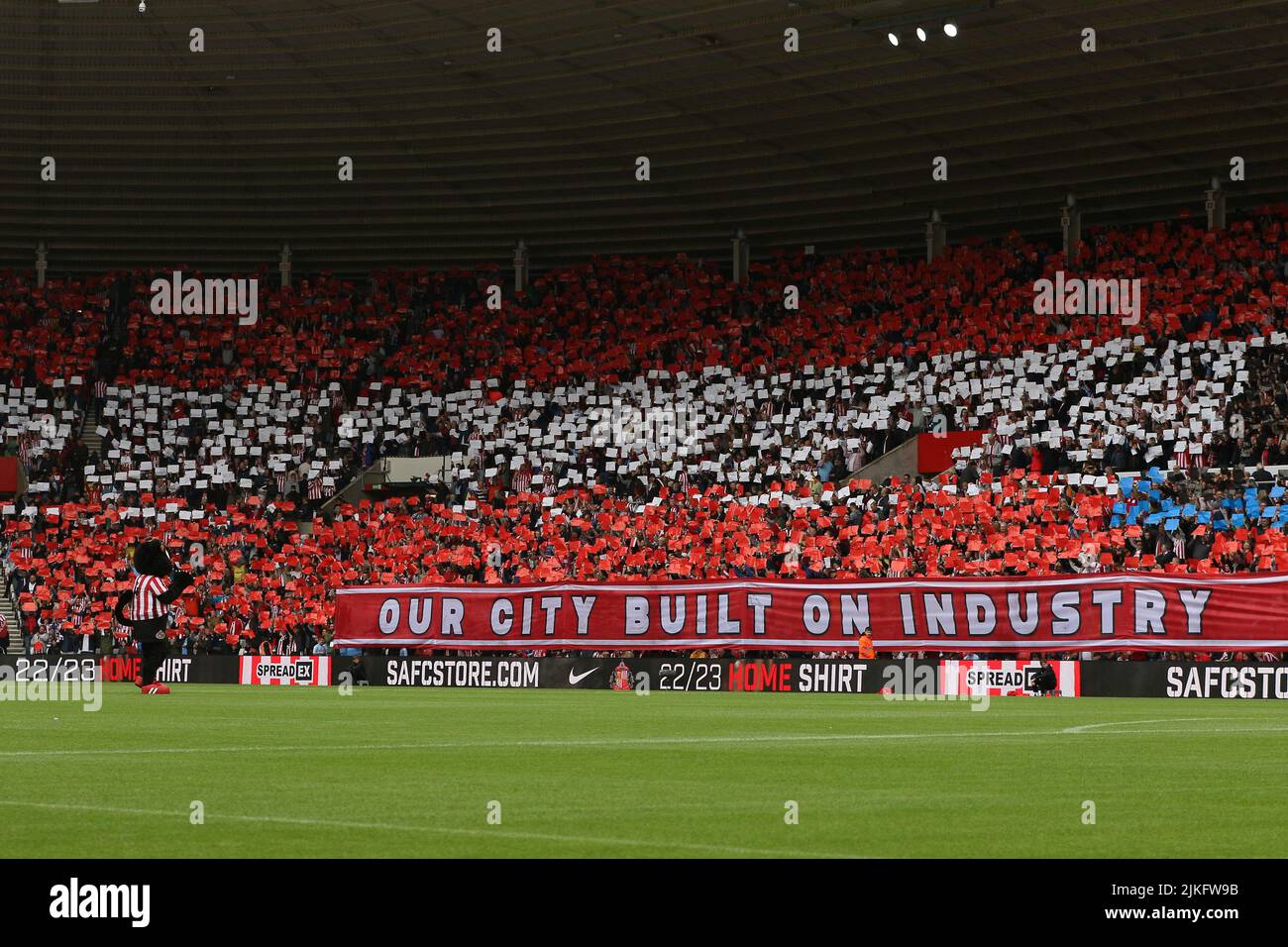Sunderland fans hold up cards and banner ahead of the match - Sunderland v Coventry City, Sky Bet Championship, Stadium of Light, Sunderland, UK - 31st July 2022  Editorial Use Only - DataCo restrictions apply Stock Photo