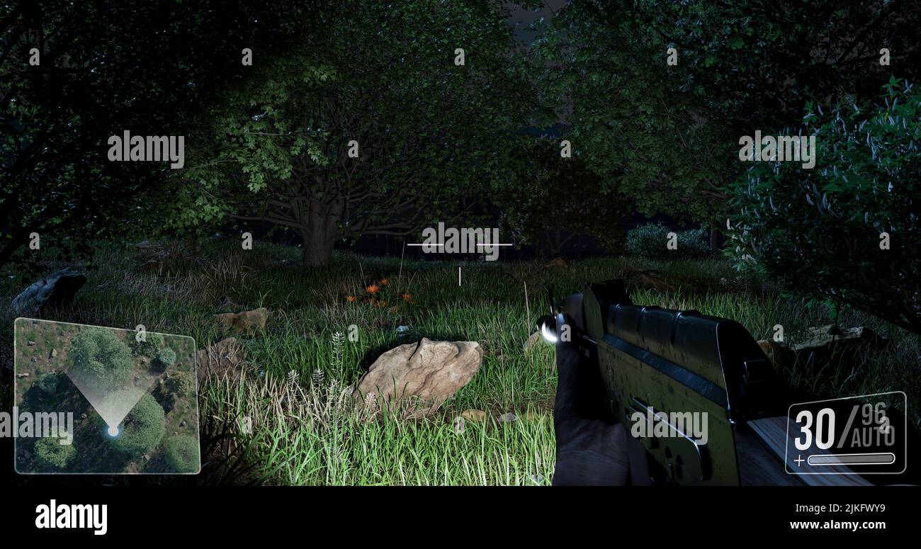 First person shooter war game screenshot concept - man running with AK-47 rifle through the lush forest - 3d illustration Stock Photo