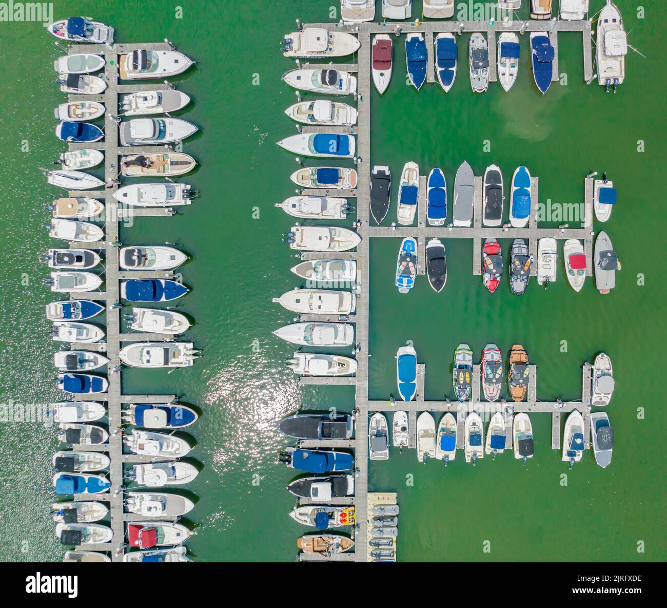Aerial view of boats in slips at Mill Creek Marina Stock Photo