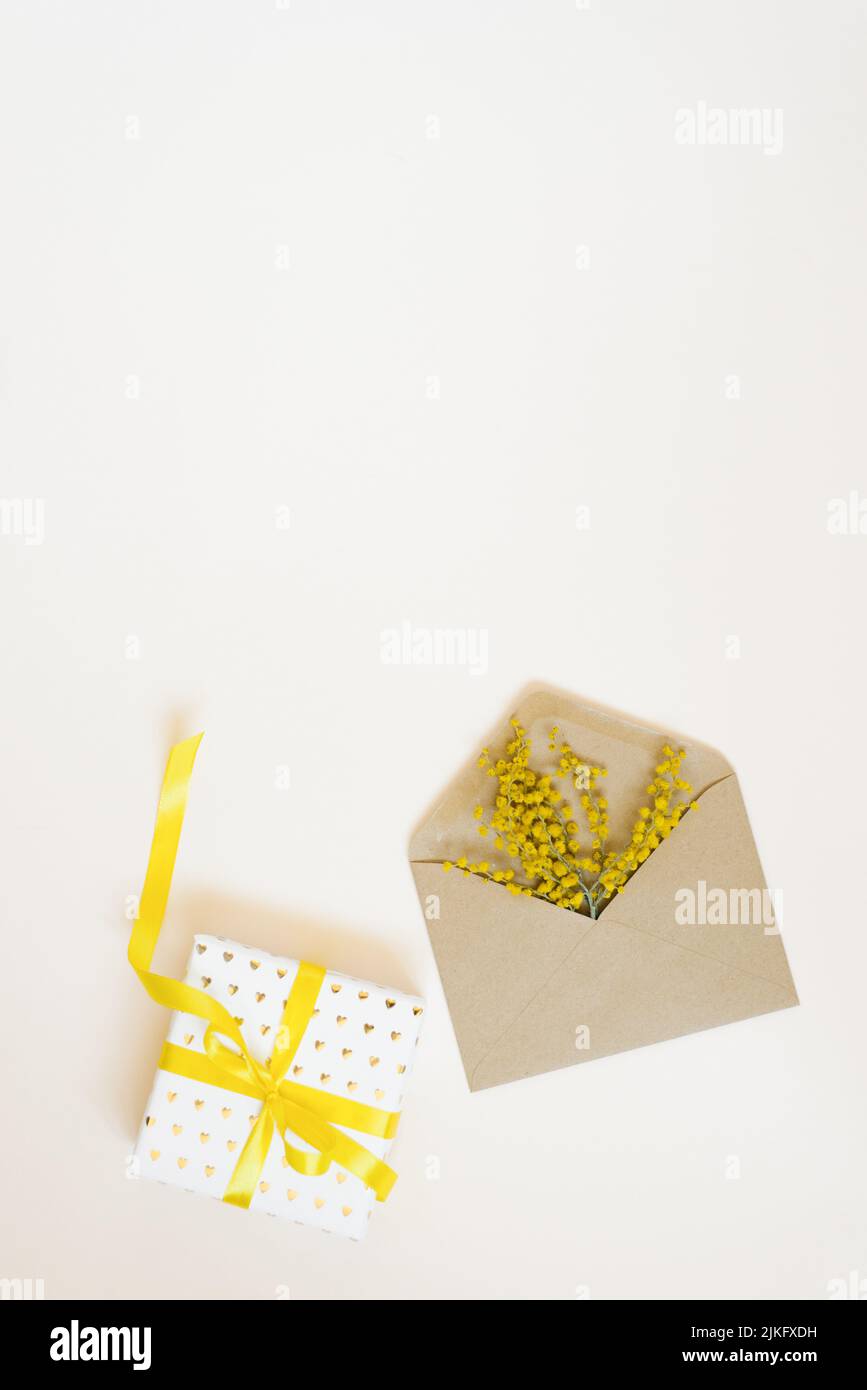 Craft envelope and gift box with ribbon and bow on a white background ...