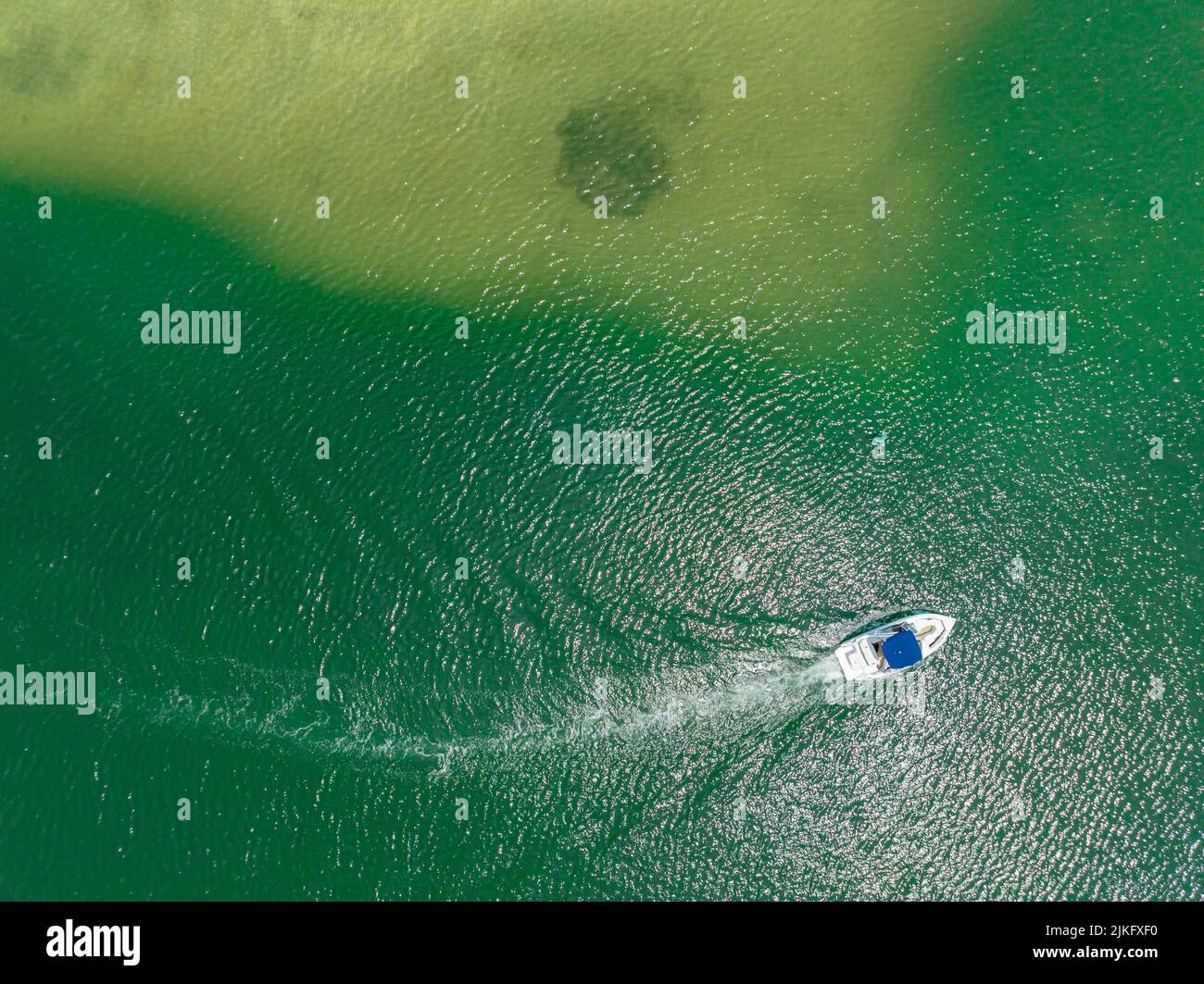 Aerial view of a boat in Mill Creek, Sag Harbor, NY Stock Photo