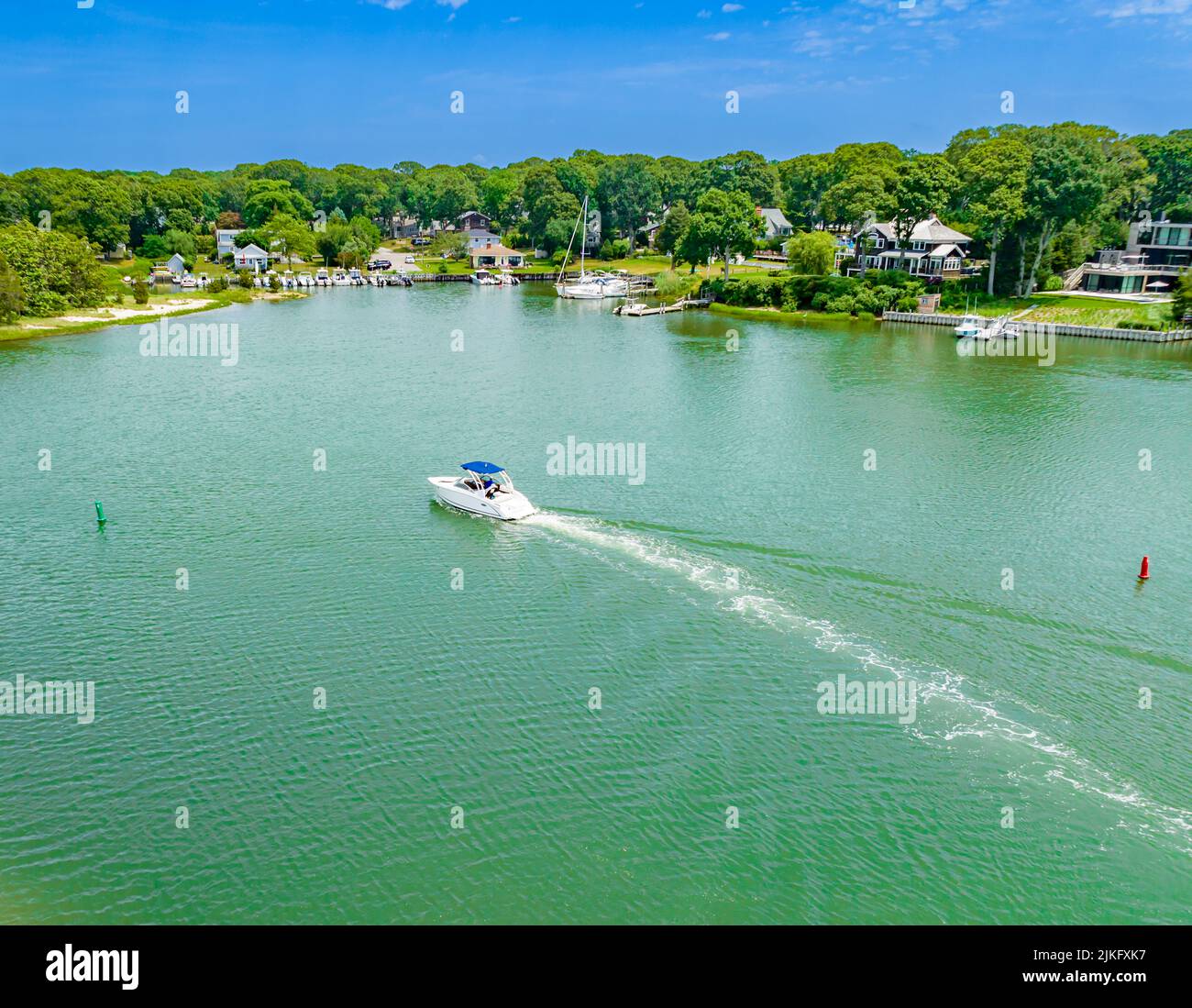 Aerial view of Pleasure boat returning from a day on the water Stock Photo
