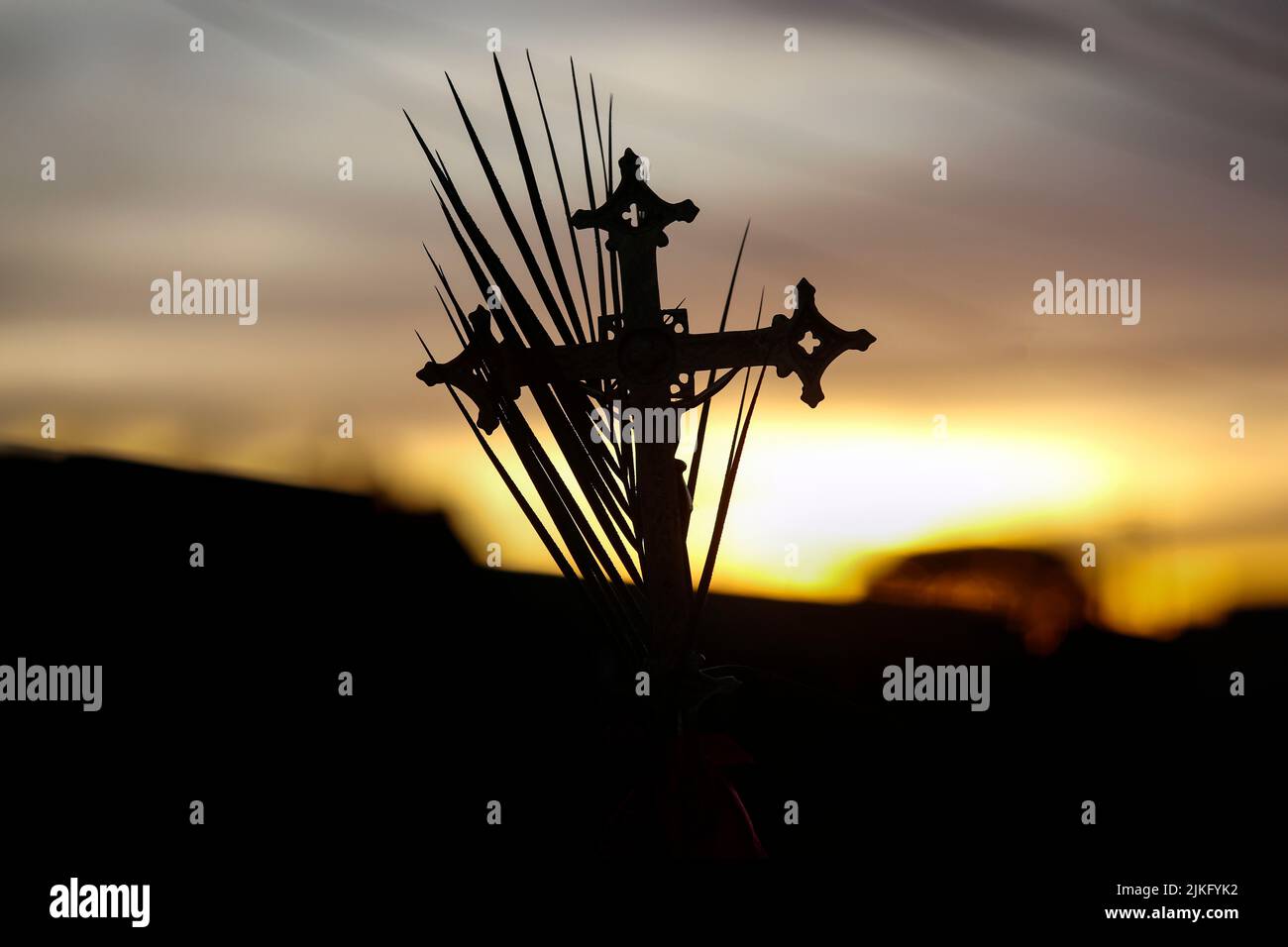 Holy Week. Processional cross and branches in beautiful sunset scenery. Traditional Catholic celebration Palm Sunday. Christian faith. Religious symbo Stock Photo