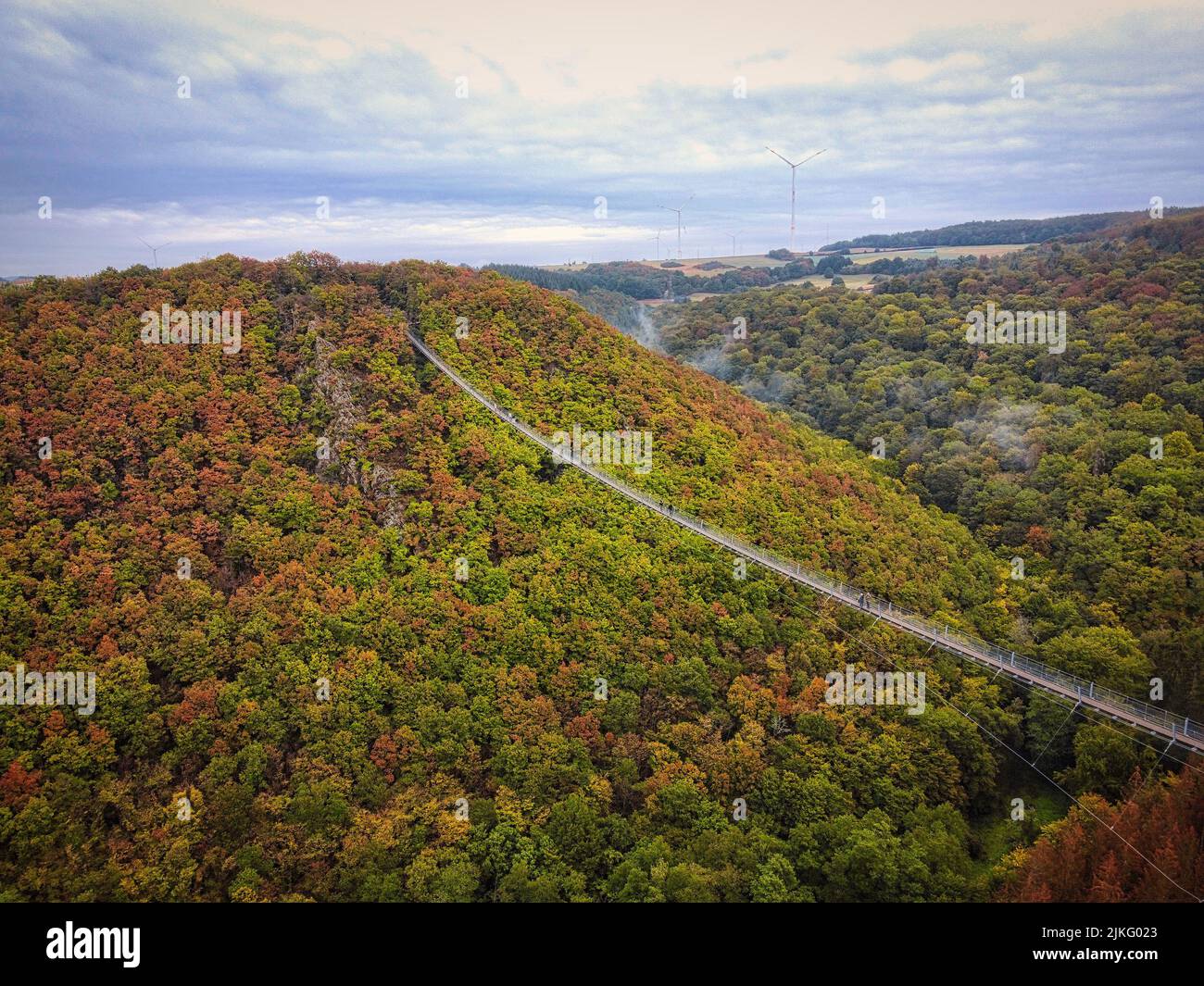 The view of the Geierlay Suspension Bridge in autumn. Sosberg, Germany ...