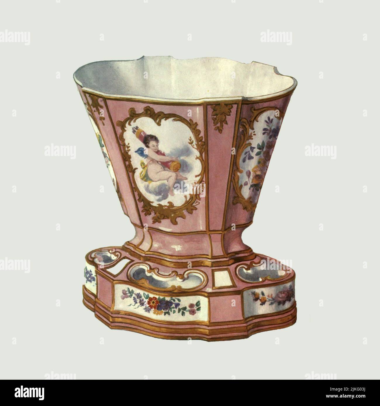 Jardiniere, Sevres, dated 1761, painted with cupids on a rose Pompadour ground. Mark of the decorator Dubois. Height, 7.5 in. from ' A book of porcelain, fine examples in the Victoria and Albert museum ' by Bernard Rackham, and William Gibb,  Publication date 1910 Publisher London, A. & C. Black Stock Photo