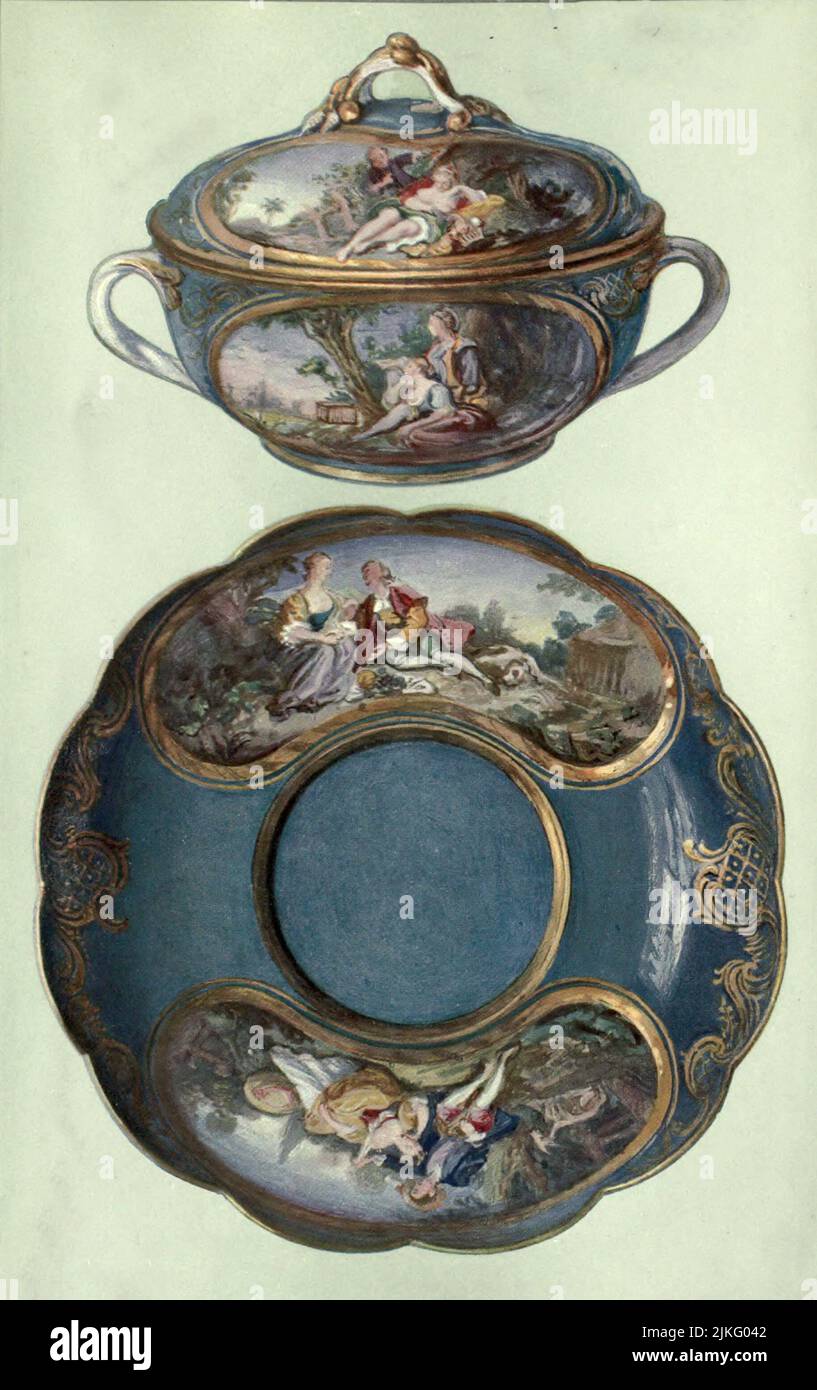 Ecuelle, with Cover and Stand, Sevres, dated 1768, with pastoral subjects after Boucher, by Chabry, on a turquoise-blue ground. Ecuelle, height, 4.5 in.; stand, diameter, 4.75 in. from ' A book of porcelain, fine examples in the Victoria and Albert museum ' by Bernard Rackham, and William Gibb,  Publication date 1910 Publisher London, A. & C. Black Stock Photo