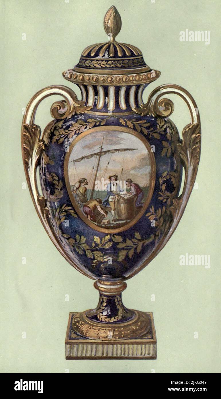 Vase, Sevres, given in 1780 by Gustavus III. of Sweden to Catherine II. of Russia. Decorated by Morin, Fontaine, and Le Guay on a bleu de roi ground. Height, l9.5 in. from ' A book of porcelain, fine examples in the Victoria and Albert museum ' by Bernard Rackham, and William Gibb,  Publication date 1910 Publisher London, A. & C. Black Stock Photo