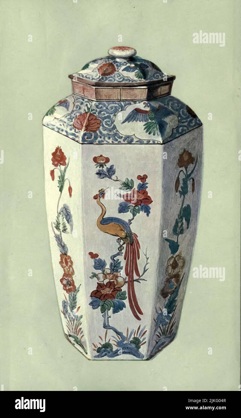 Jar, with Cover, Chelsea, about 1755, copied from Japanese Kakiyemon ware. Height, 12.5 in. from ' A book of porcelain, fine examples in the Victoria and Albert museum ' by Bernard Rackham, and William Gibb,  Publication date 1910 Publisher London, A. & C. Black Stock Photo