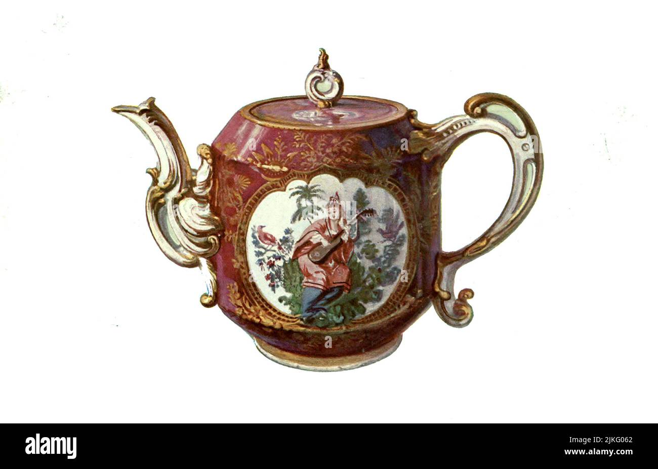 Teapot, Chelsea, from a service painted with pseudo-Chinese figures in the style of Watteau, on a claret-coloured ground. Height, 5.75 In from ' A book of porcelain, fine examples in the Victoria and Albert museum ' by Bernard Rackham, and William Gibb,  Publication date 1910 Publisher London, A. & C. Black Stock Photo