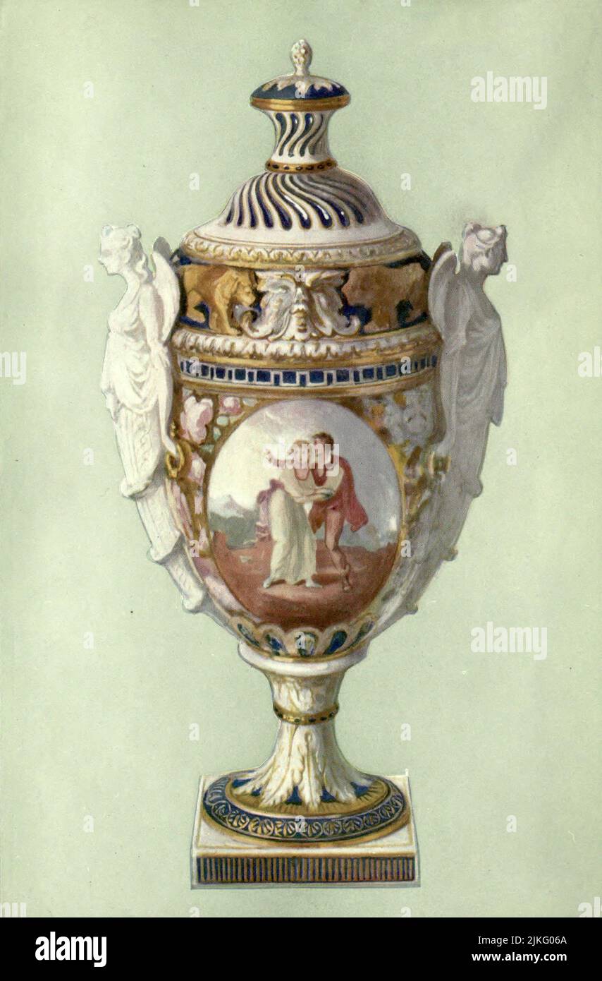 Vase, Chelsea-Derby, 1770-1784, with handles in the form of female terminal figures in biscuit porcelain ; on the front a medallion with the subject of Celadon and Amelia. Height, 15.25 In. from ' A book of porcelain, fine examples in the Victoria and Albert museum ' by Bernard Rackham, and William Gibb,  Publication date 1910 Publisher London, A. & C. Black Stock Photo