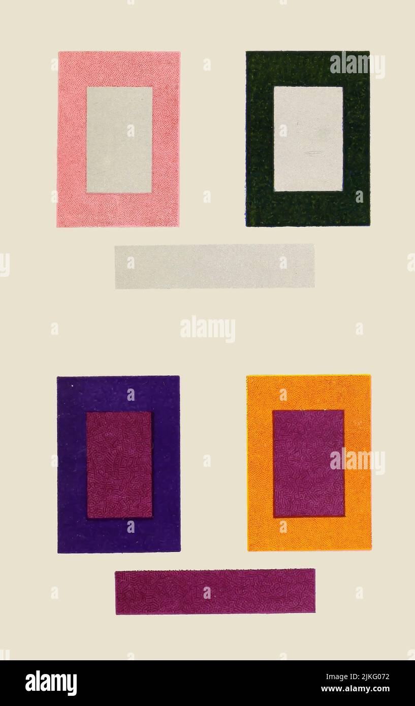 Examples of Change of Colour due to Reaction, A neutral grey surrounded by rose appears quite different from the same grey surrounded by dark green. A corresponding change takes place in the purple in accordance with its surroundings, blue making it look more red (with an incHnation to orange), and orange making it look more blue. From the book ' Suggestions for the study of colour ' by Henry Barrett Carpenter, Publication date 1915 Publisher Rochdale School of Art Stock Photo