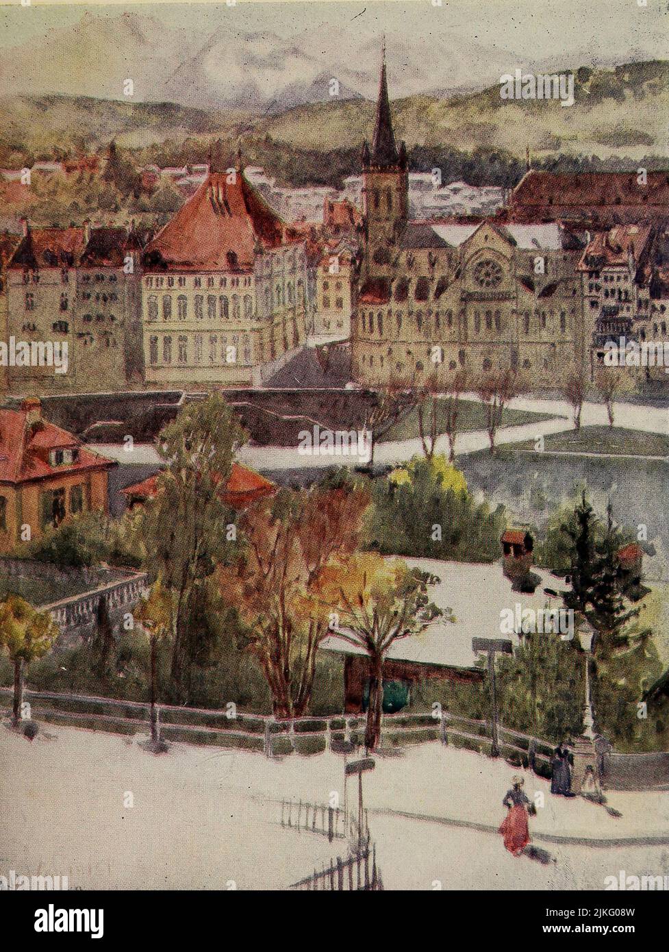 BERN FROM THE SCHANZLI The seat of the Swiss Government. The Rathhaus, a modern “ old Catholic church,” in centre of picture. The Bernese Oberland Mountains in heat-haze at top Painted by A. D. McCormick from the book ' The Alps ' by Sir William Martin Conway,  Publication date 1904 Publisher London : Adam and Charles Black Arthur David McCormick FRGS (Coleraine 14 October 1860 – 1943) was a notable British illustrator and painter of landscapes, historical scenes, naval subjects, and genre scenes. Stock Photo