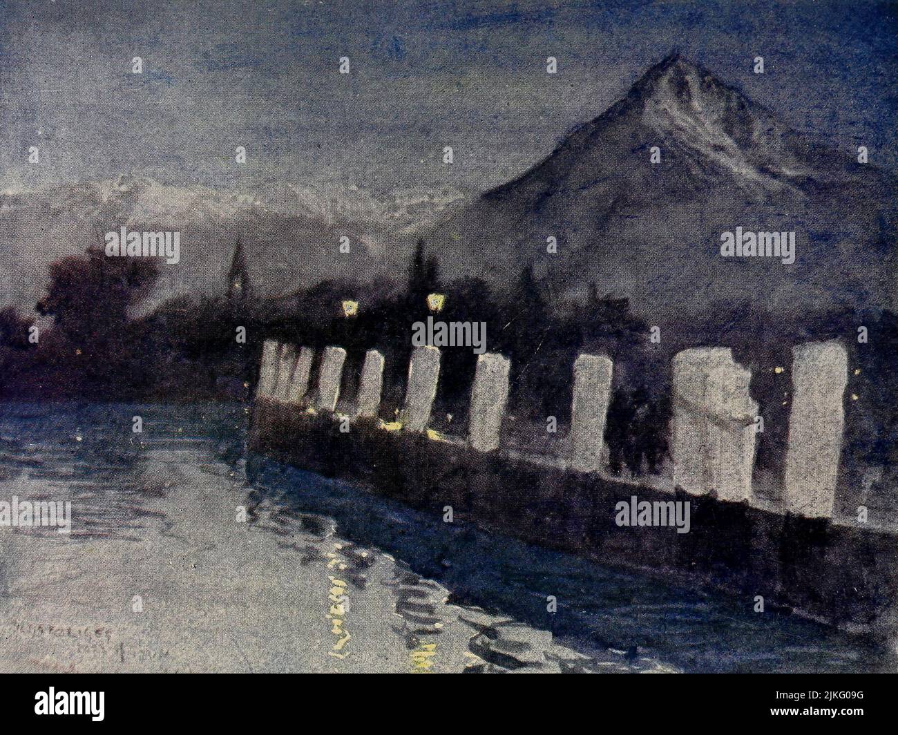 The Pier at Seherzligen, Lake of Thun — Evening The Niesen on the Right Painted by A. D. McCormick from the book ' The Alps ' by Sir William Martin Conway,  Publication date 1904 Publisher London : Adam and Charles Black Arthur David McCormick FRGS (Coleraine 14 October 1860 – 1943) was a notable British illustrator and painter of landscapes, historical scenes, naval subjects, and genre scenes. Stock Photo