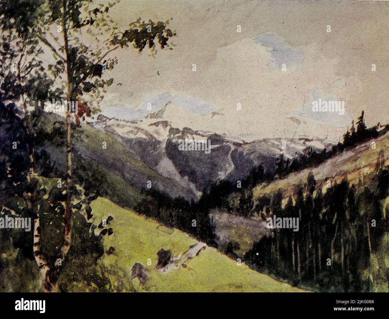 Looking up Valley towards Zermatt from near Randa Theodulhorn  and  Furggengrat  in  distance Painted by A. D. McCormick from the book ' The Alps ' by Sir William Martin Conway,  Publication date 1904 Publisher London : Adam and Charles Black Arthur David McCormick FRGS (Coleraine 14 October 1860 – 1943) was a notable British illustrator and painter of landscapes, historical scenes, naval subjects, and genre scenes. Stock Photo