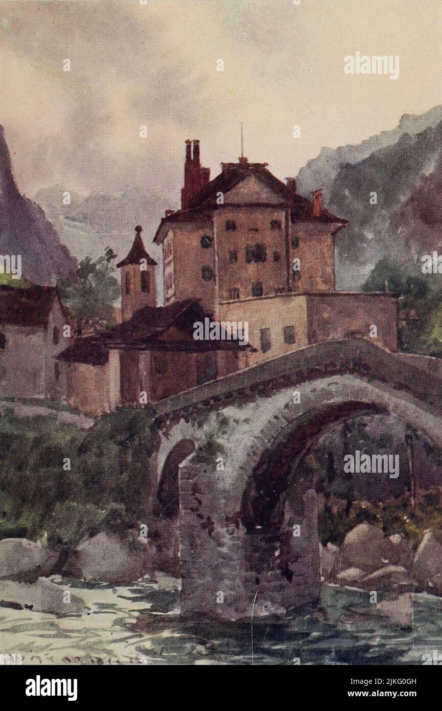 At Bignasco Old Bridge over the Maggia river. Shrine at end, looking up Val Bavona. Basodino in background. Painted by A. D. McCormick from the book ' The Alps ' by Sir William Martin Conway,  Publication date 1904 Publisher London : Adam and Charles Black Arthur David McCormick FRGS (Coleraine 14 October 1860 – 1943) was a notable British illustrator and painter of landscapes, historical scenes, naval subjects, and genre scenes. Stock Photo