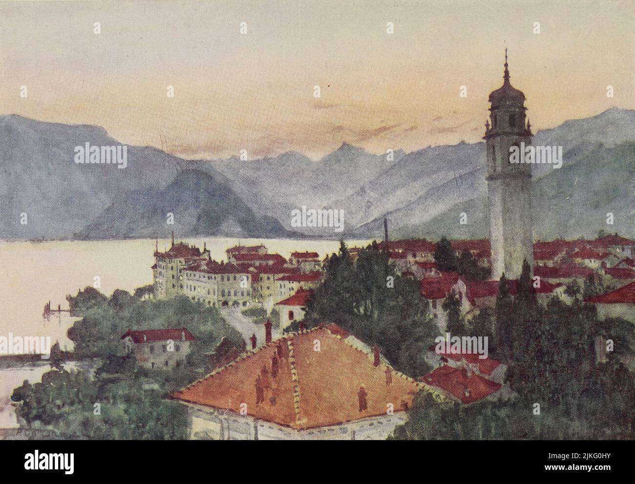 Pallanza, Evening South end of Lago Maggiore. Campanile of the Church of St. Leonardo, mountains of Saas in the background Painted by A. D. McCormick from the book ' The Alps ' by Sir William Martin Conway,  Publication date 1904 Publisher London : Adam and Charles Black Arthur David McCormick FRGS (Coleraine 14 October 1860 – 1943) was a notable British illustrator and painter of landscapes, historical scenes, naval subjects, and genre scenes. Stock Photo