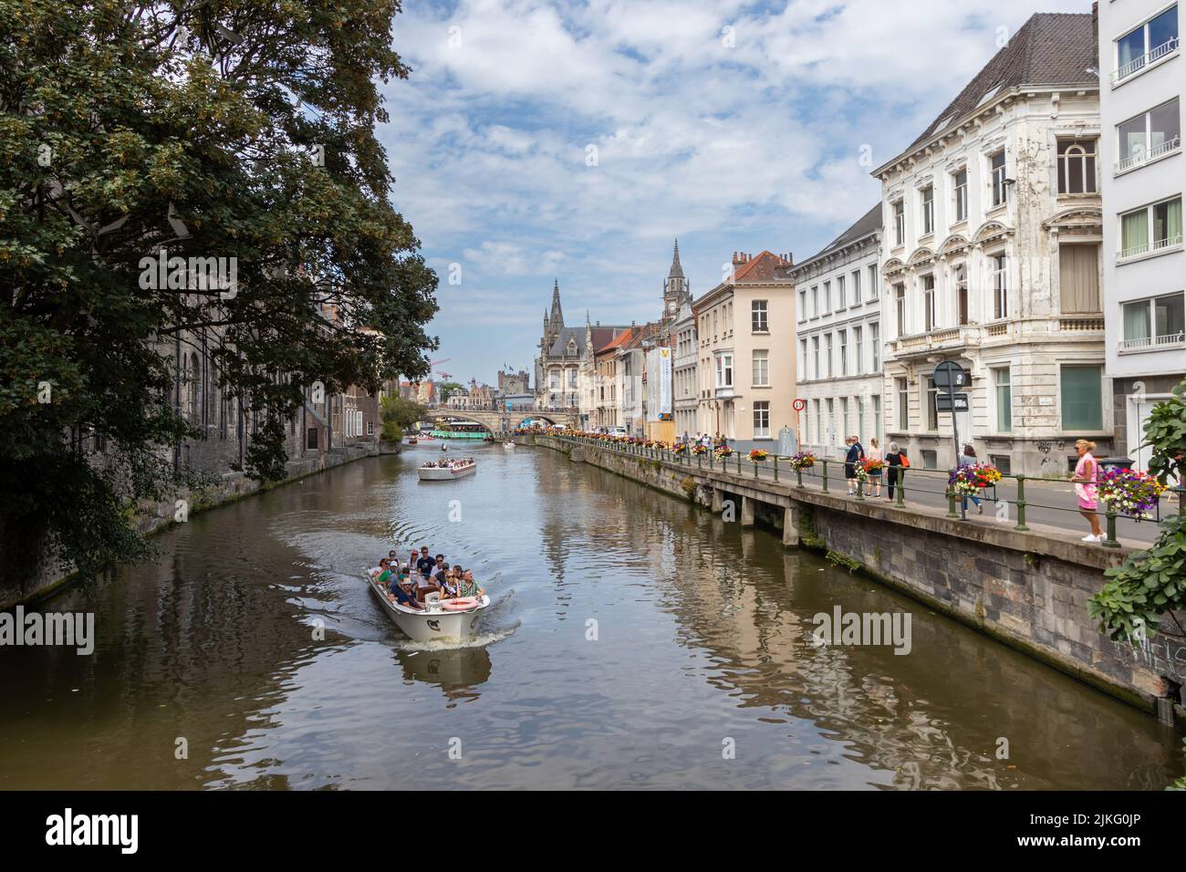 Ghent, Belgium - July 13, 2018: The Leie River and Ajuinlei Street Stock Photo
