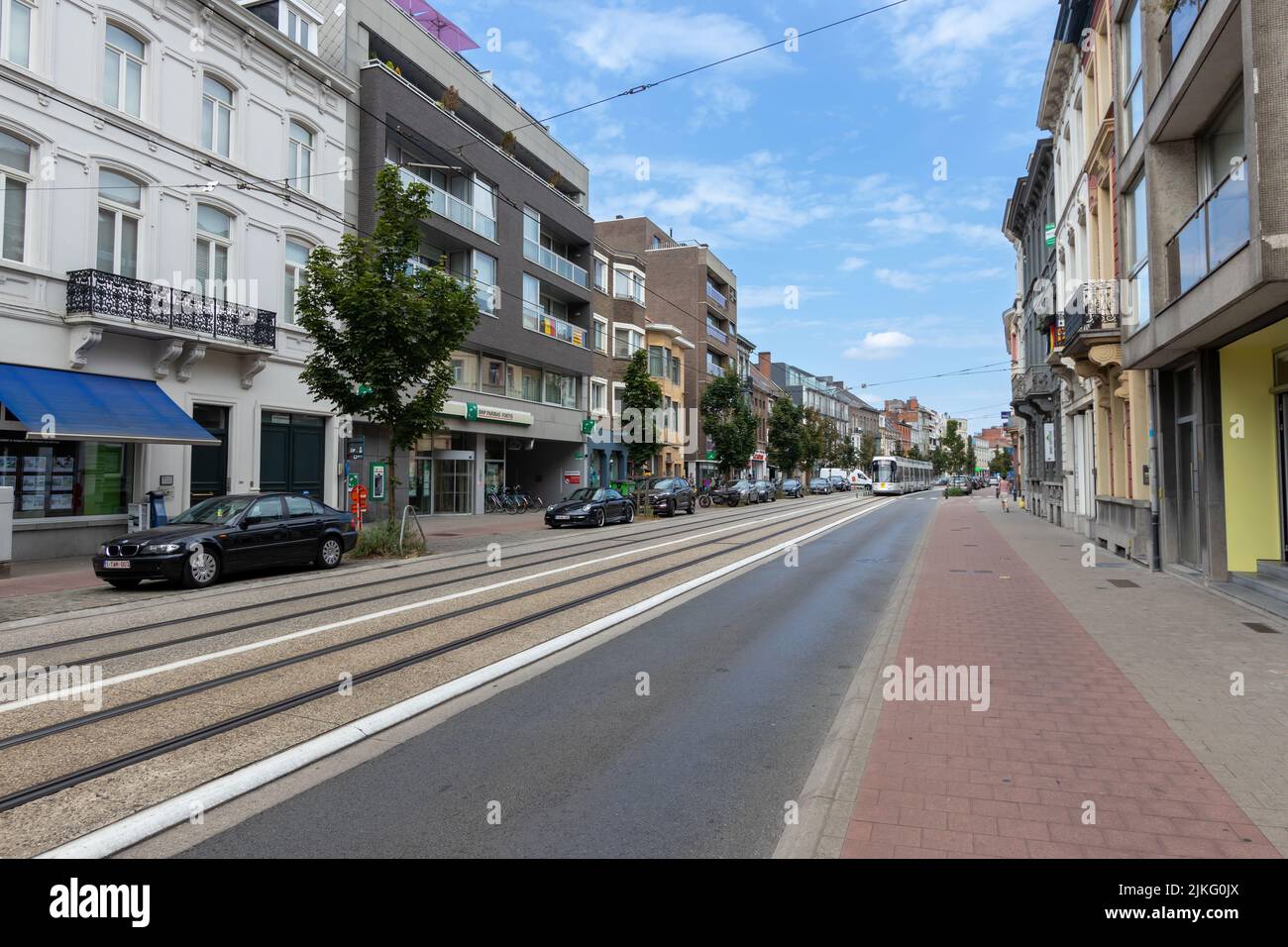 Ghent, Belgium - July 13, 2018: Koningin Elisabethlaan (Queen Elizabeth Road) with a mix of historical and modern architecture Stock Photo