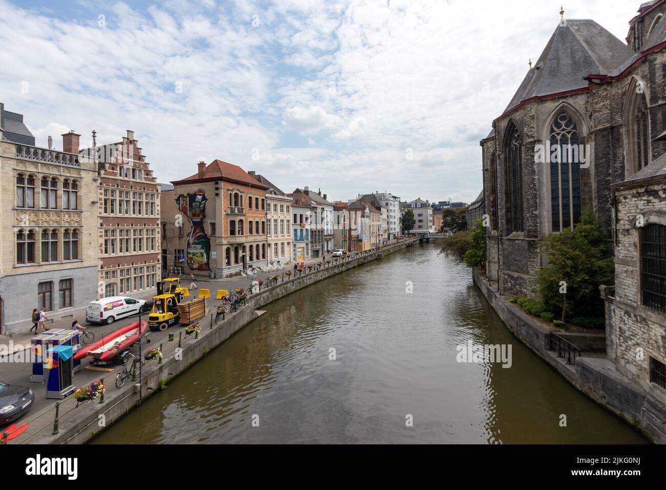 Ghent, Belgium - July 13, 2018: A view of the Leie River from the Saint-Michael's Bridge Stock Photo
