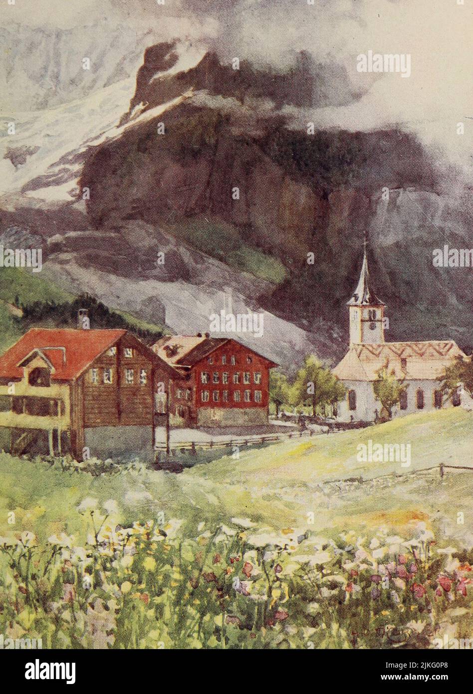 Lower Glacier and Grindelwald Church Painted by A. D. McCormick from the book ' The Alps ' by Sir William Martin Conway,  Publication date 1904 Publisher London : Adam and Charles Black Arthur David McCormick FRGS (Coleraine 14 October 1860 – 1943) was a notable British illustrator and painter of landscapes, historical scenes, naval subjects, and genre scenes. Stock Photo