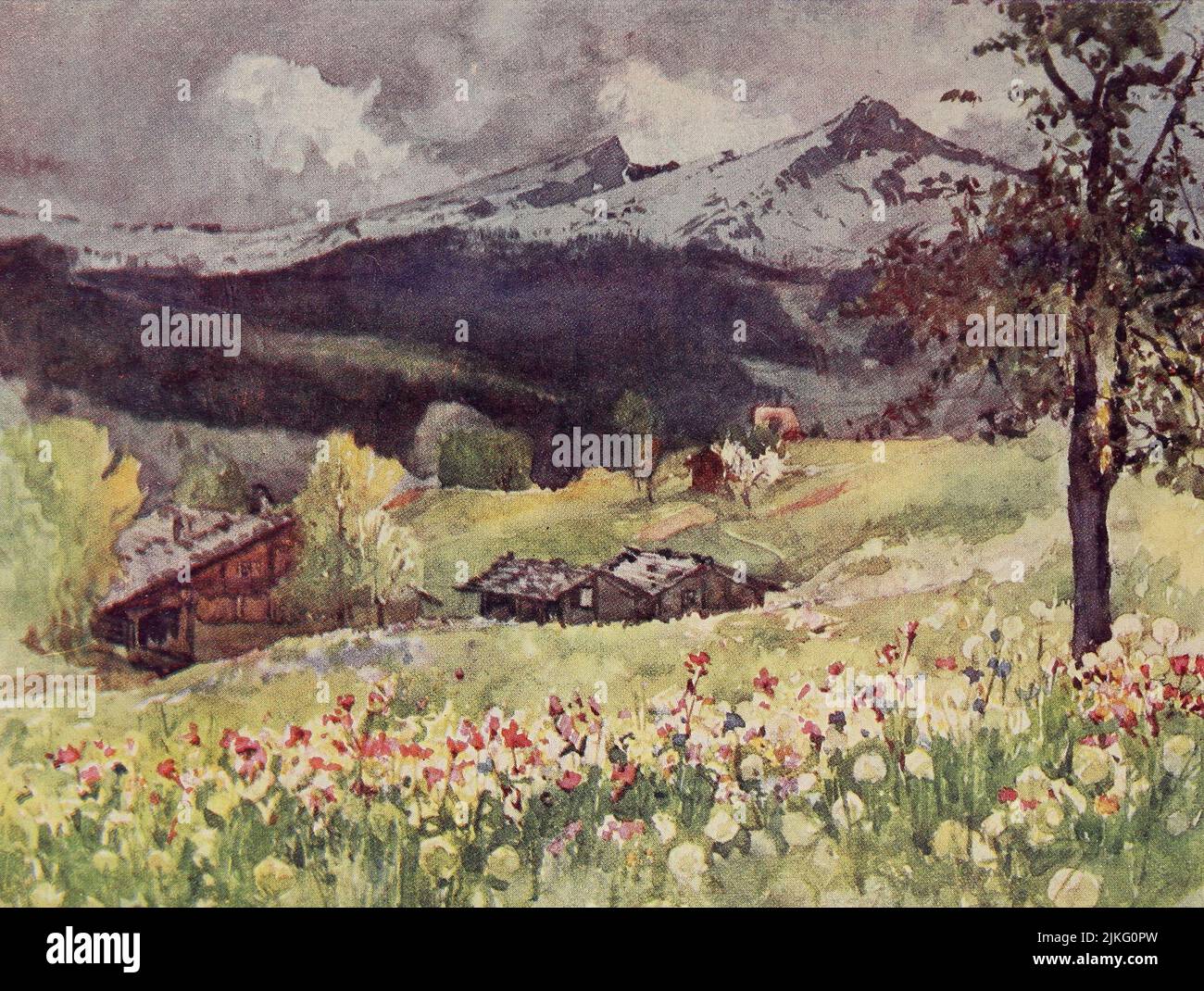 Grindelwald looking towards the Wengen Alp. Winter snow on the slopes Painted by A. D. McCormick from the book ' The Alps ' by Sir William Martin Conway,  Publication date 1904 Publisher London : Adam and Charles Black Arthur David McCormick FRGS (Coleraine 14 October 1860 – 1943) was a notable British illustrator and painter of landscapes, historical scenes, naval subjects, and genre scenes. Stock Photo