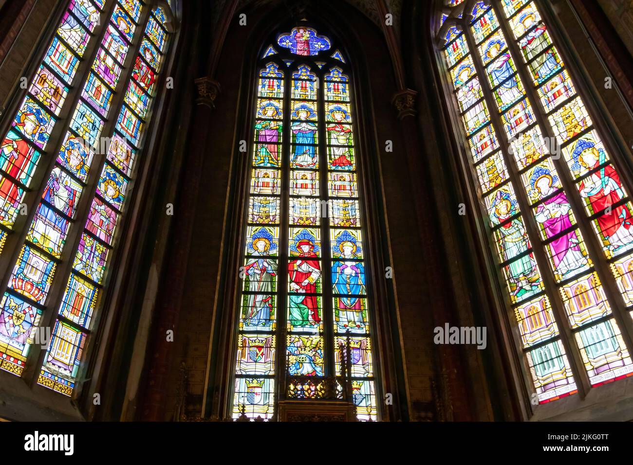 Ghent, Belgium - July 13, 2018: The stained glass windows, the Saint Michael's Church interior Stock Photo