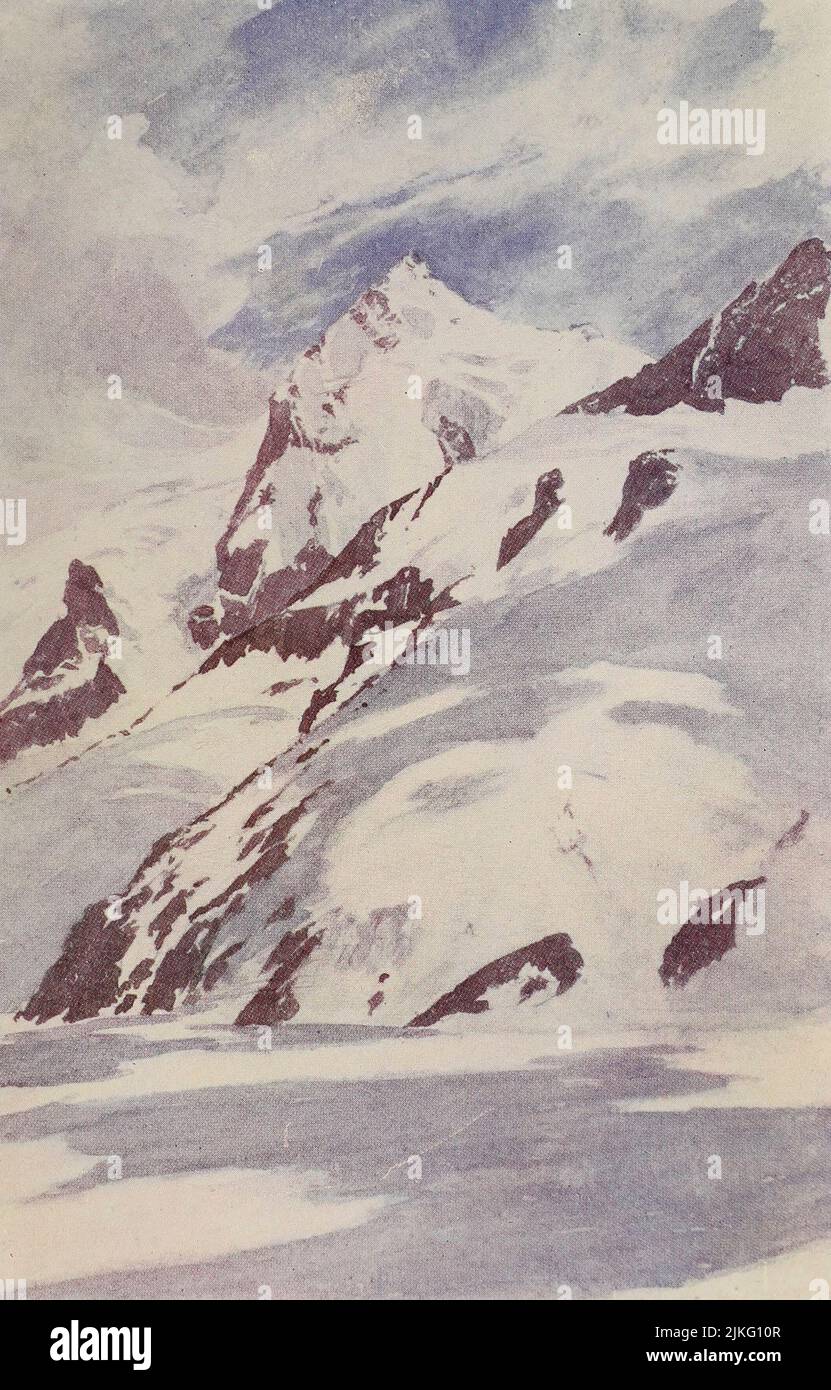 The Gletscherhorn from the Pavilion, Hotel Cathrein, close to Concordia Hut  Painted by A. D. McCormick from the book ' The Alps ' by Sir William Martin Conway,  Publication date 1904 Publisher London : Adam and Charles Black Arthur David McCormick FRGS (Coleraine 14 October 1860 – 1943) was a notable British illustrator and painter of landscapes, historical scenes, naval subjects, and genre scenes. Stock Photo