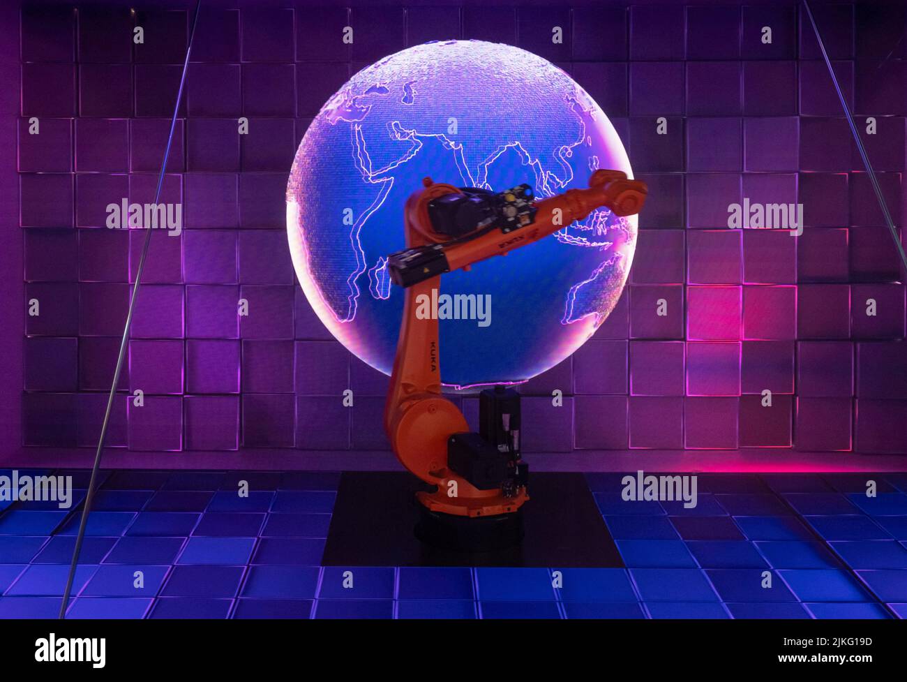 01.06.2022, Germany, Lower Saxony, Hanover - Hannover Fair, SAP booth with a Kuka robot arm as part of a lightshow. 00A220601D102CARO.JPG [MODEL RELEA Stock Photo