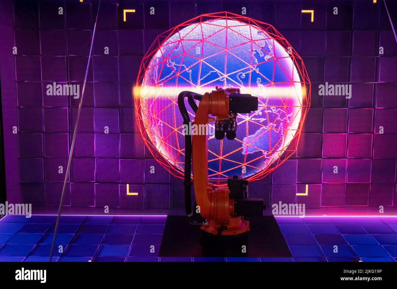 01.06.2022, Germany, Lower Saxony, Hanover - Hannover Fair, SAP booth with a Kuka robot arm as part of a lightshow. 00A220601D111CARO.JPG [MODEL RELEA Stock Photo