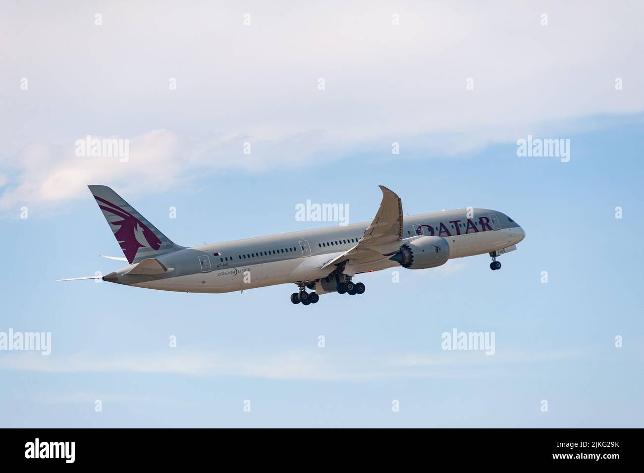 03.06.2022, Germany, Berlin, Berlin - Europe - A Boeing 787-9 Dreamliner passenger aircraft of Qatar Airways with registration A7-BHG taking off from Stock Photo