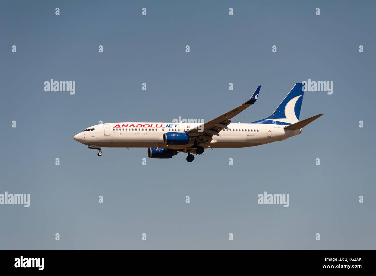 18.06.2022, Germany, Berlin, Berlin - Europe - An AnadoluJet passenger aircraft of type Boeing 737-800 with registration TC-JFD on approach to Berlin Stock Photo